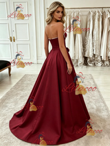 Burgundy Satin Strapless Split Prom Dress