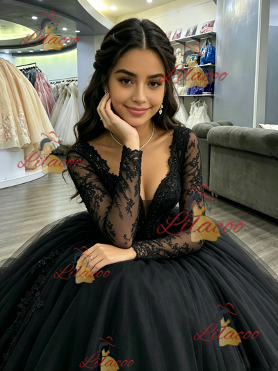 Black Tulle Long Sleeve Backless Quinceanera Dress