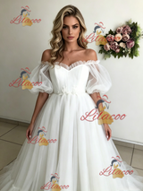 White Tulle Puff Sleeve Off the Shoulder Wedding Dress