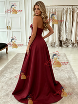 Burgundy Satin Strapless Split Prom Dress