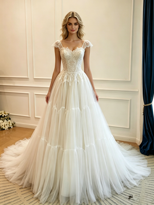 White Tulle Straps Lace Wedding Dress