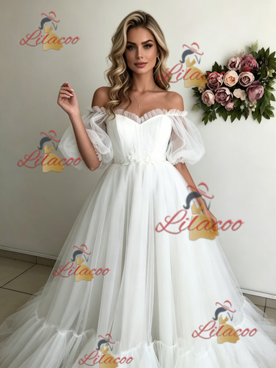 White Tulle Puff Sleeve Off the Shoulder Wedding Dress