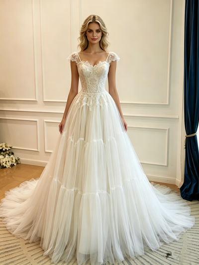 White Tulle Straps Lace Wedding Dress