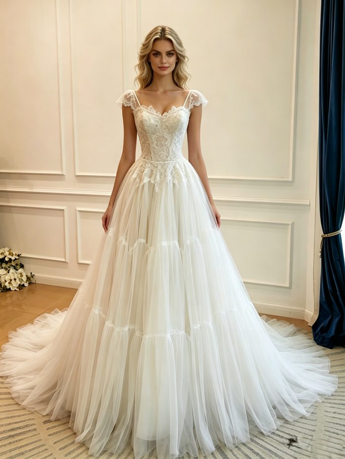 White Tulle Straps Lace Wedding Dress