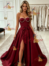 Burgundy Satin Strapless Split Prom Dress