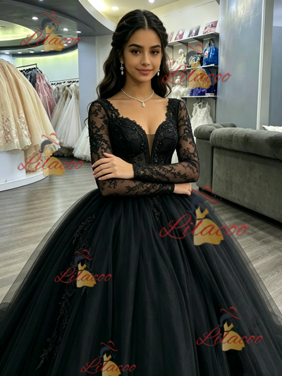 Black Tulle Long Sleeve Backless Quinceanera Dress
