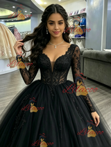 Black Tulle Long Sleeve Backless Quinceanera Dress
