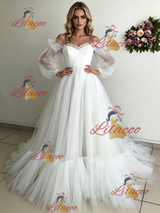 White Tulle Puff Sleeve Off the Shoulder Wedding Dress