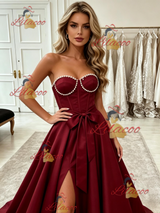 Burgundy Satin Strapless Split Prom Dress