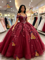 Burgundy Tulle Straps Appliques Quinceanera Dress