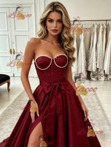 Burgundy Satin Strapless Split Prom Dress