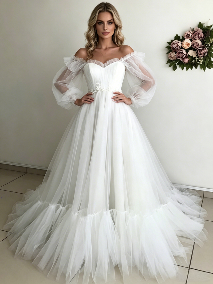 White Tulle Puff Sleeve Off the Shoulder Wedding Dress