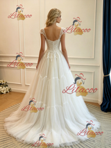 White Tulle Straps Lace Wedding Dress