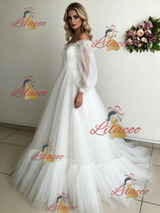 White Tulle Puff Sleeve Off the Shoulder Wedding Dress