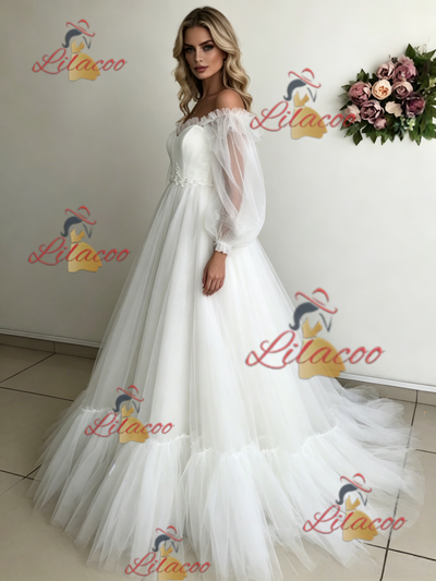 White Tulle Puff Sleeve Off the Shoulder Wedding Dress