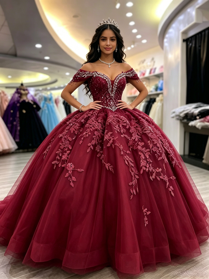 Burgundy Tulle Straps Appliques Quinceanera Dress