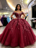 Burgundy Tulle Straps Appliques Quinceanera Dress