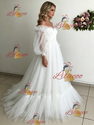 White Tulle Puff Sleeve Off the Shoulder Wedding Dress