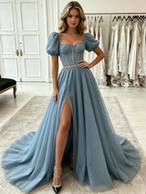 Blue Tulle Puff Sleeve Split Prom Dress