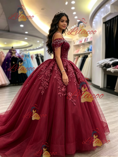 Burgundy Tulle Straps Appliques Quinceanera Dress