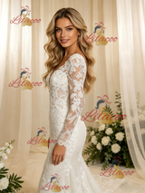 Beige Wite Mermaid Lace Long Sleeve Wedding Dress