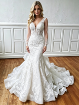 White Mermaid V-neck Long Sleeve Wedding Dress