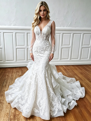 White Mermaid V-neck Long Sleeve Wedding Dress