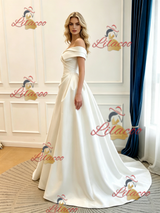 Ivory Satin Off the Shoulder Pleats Wedding Dress