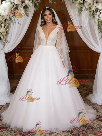 White Tulle V-neck Long Sleeve Wedding Dress