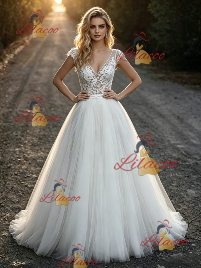 White Tulle Lace V-neck Wedding Dress