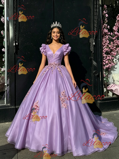 Purple Tulle V-neck Appliques Quinceanera Dress