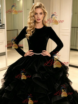 Black Tulle Velvet Long Sleeve Prom Dress