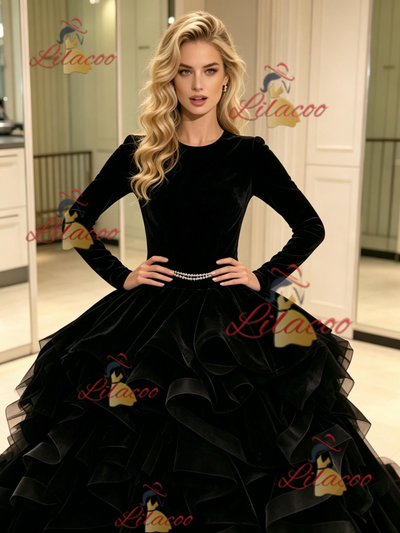 Black Tulle Velvet Long Sleeve Prom Dress