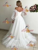 White Tulle Puff Sleeve Off the Shoulder Wedding Dress