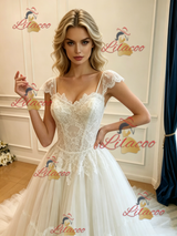 White Tulle Straps Lace Wedding Dress