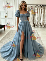 Blue Tulle Puff Sleeve Split Prom Dress