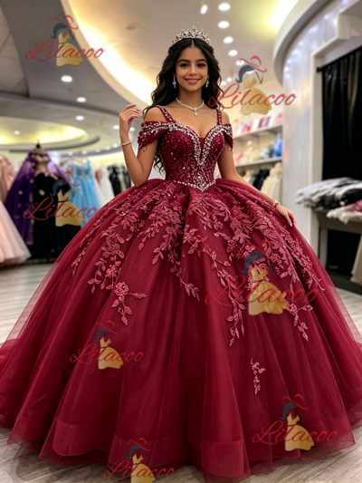 Burgundy Tulle Straps Appliques Quinceanera Dress