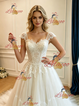 White Tulle Straps Lace Wedding Dress