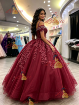 Burgundy Tulle Straps Appliques Quinceanera Dress