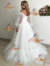 White Tulle Puff Sleeve Off the Shoulder Wedding Dress