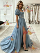 Blue Tulle Puff Sleeve Split Prom Dress