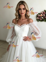White Tulle Puff Sleeve Off the Shoulder Wedding Dress