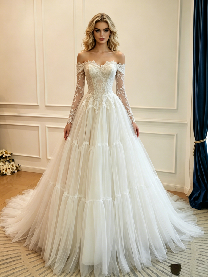 White Tulle Lace Long Sleeve Wedding Dress