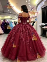 Burgundy Tulle Straps Appliques Quinceanera Dress