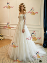 White Tulle Lace Long Sleeve Wedding Dress