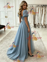 Blue Tulle Puff Sleeve Split Prom Dress