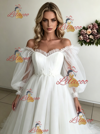White Tulle Puff Sleeve Off the Shoulder Wedding Dress