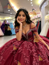Burgundy Tulle Straps Appliques Quinceanera Dress