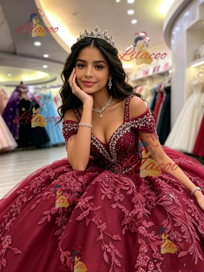 Burgundy Tulle Straps Appliques Quinceanera Dress