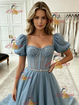 Blue Tulle Puff Sleeve Split Prom Dress